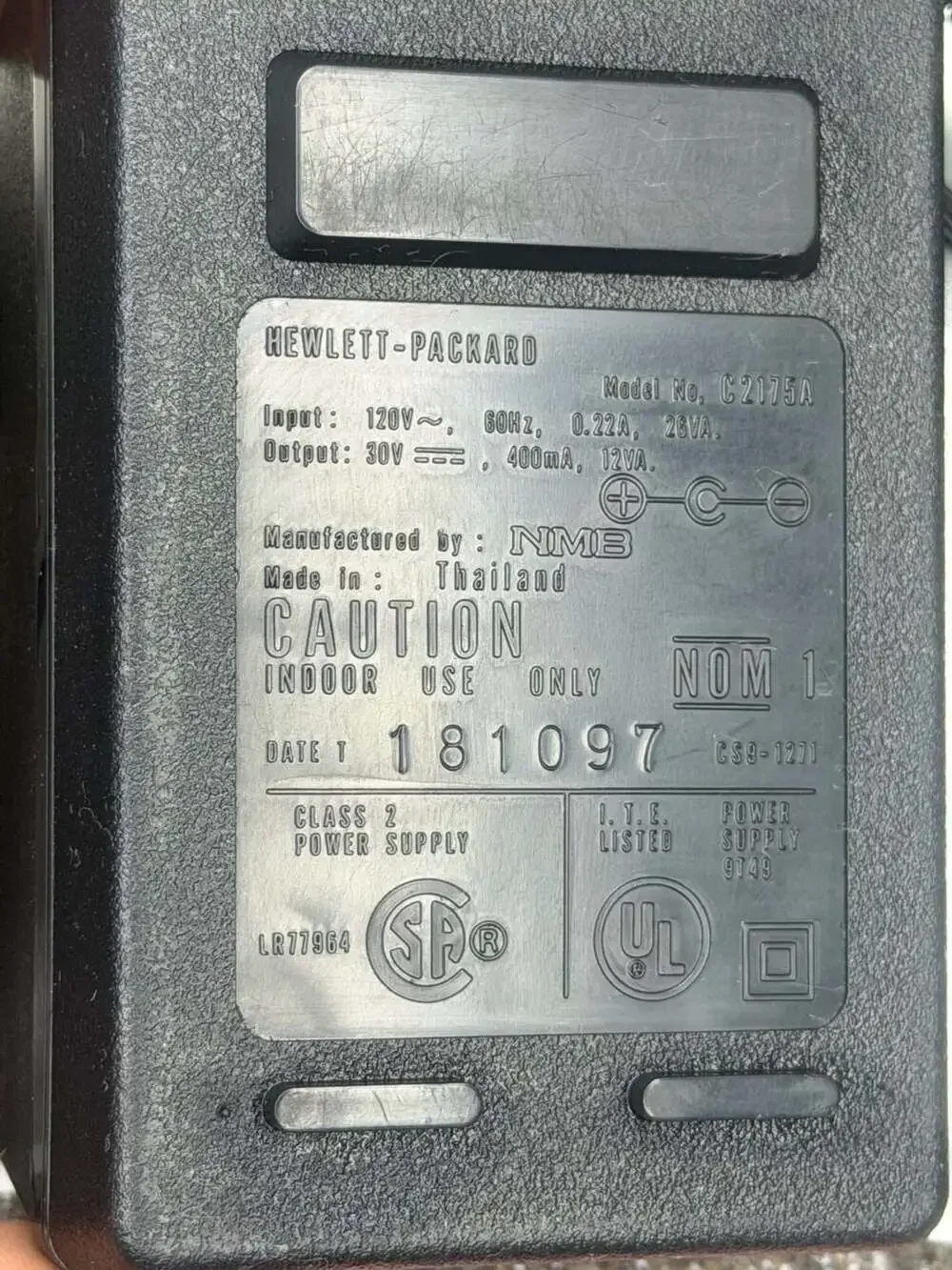 Hewlett-Packard C2175A AC Power Adapter 30V 400mA
